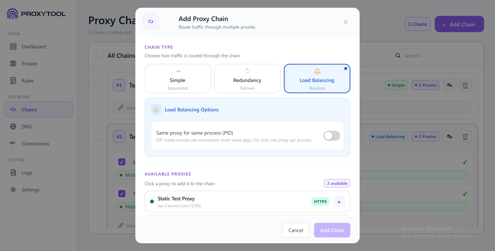 Load Balancing chain — Same proxy for same process (PID) toggle, Available Proxies
