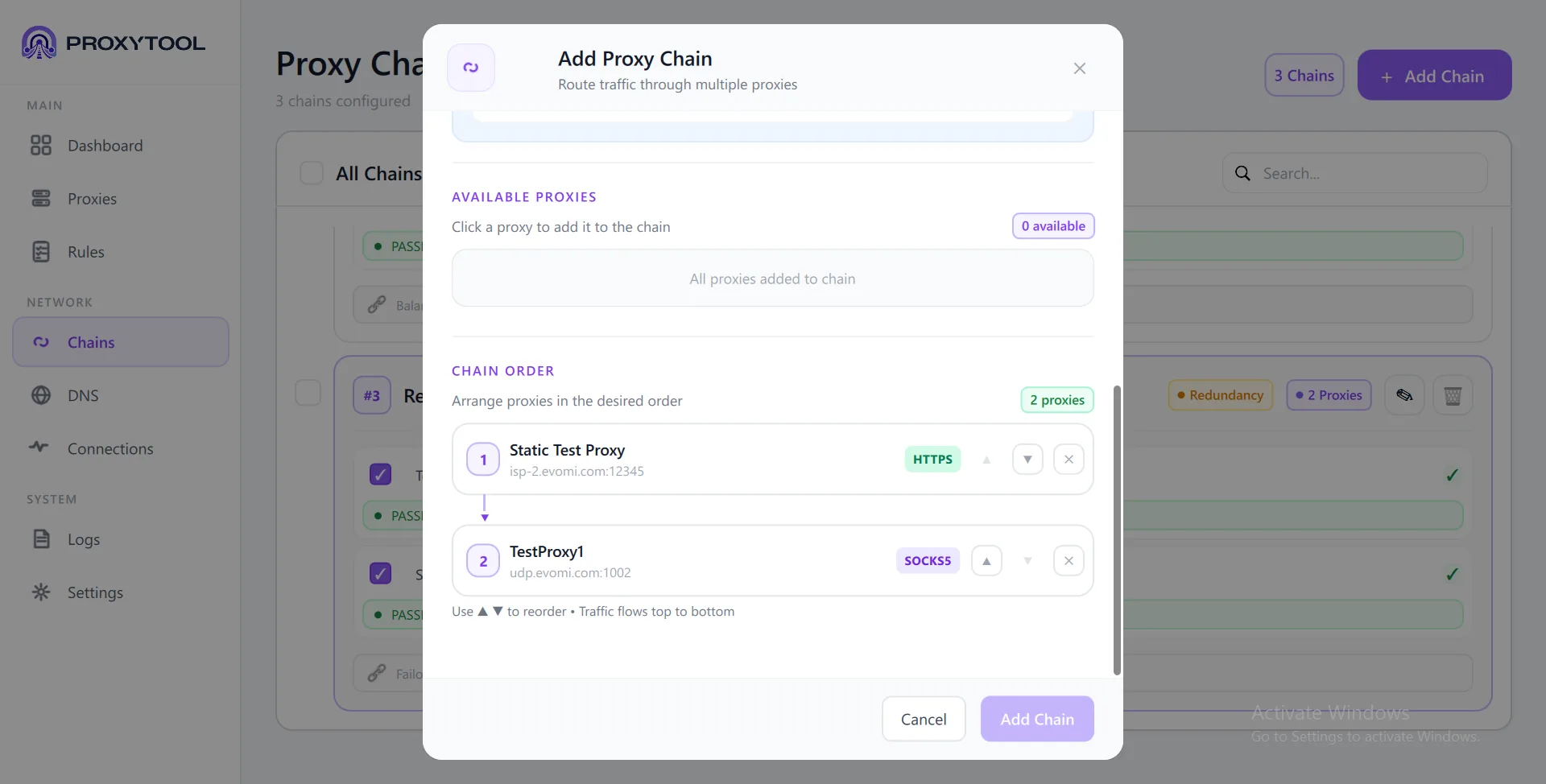 Chain Order — 2 proxies with numbered positions, up/down arrows to reorder, X to remove