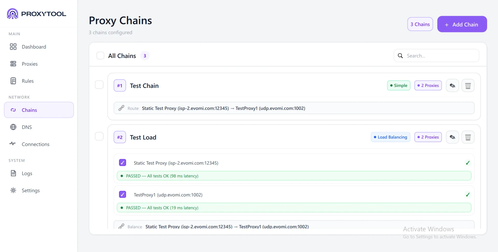 Proxy Chains page — 3 chains with type badges, proxy count, route visualization, and per-proxy test results