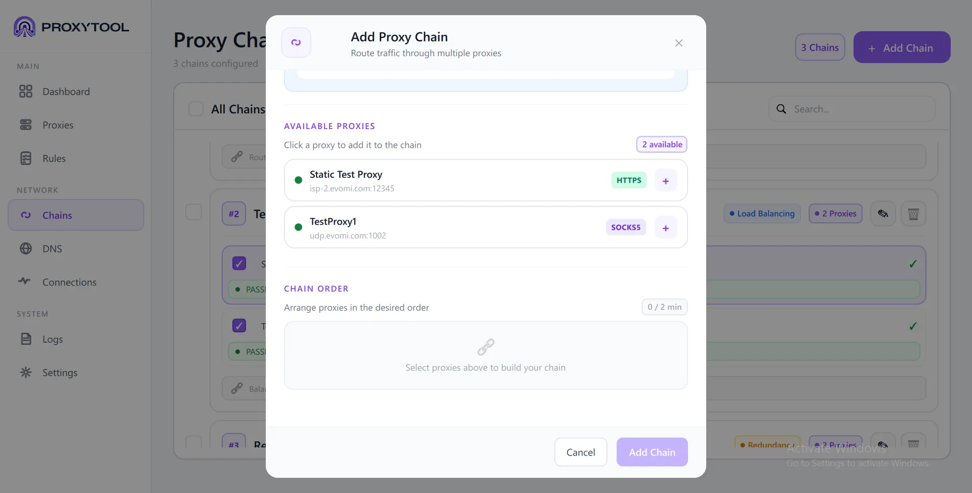 Available Proxies — click + to add HTTPS or SOCKS5 servers, Chain Order empty state