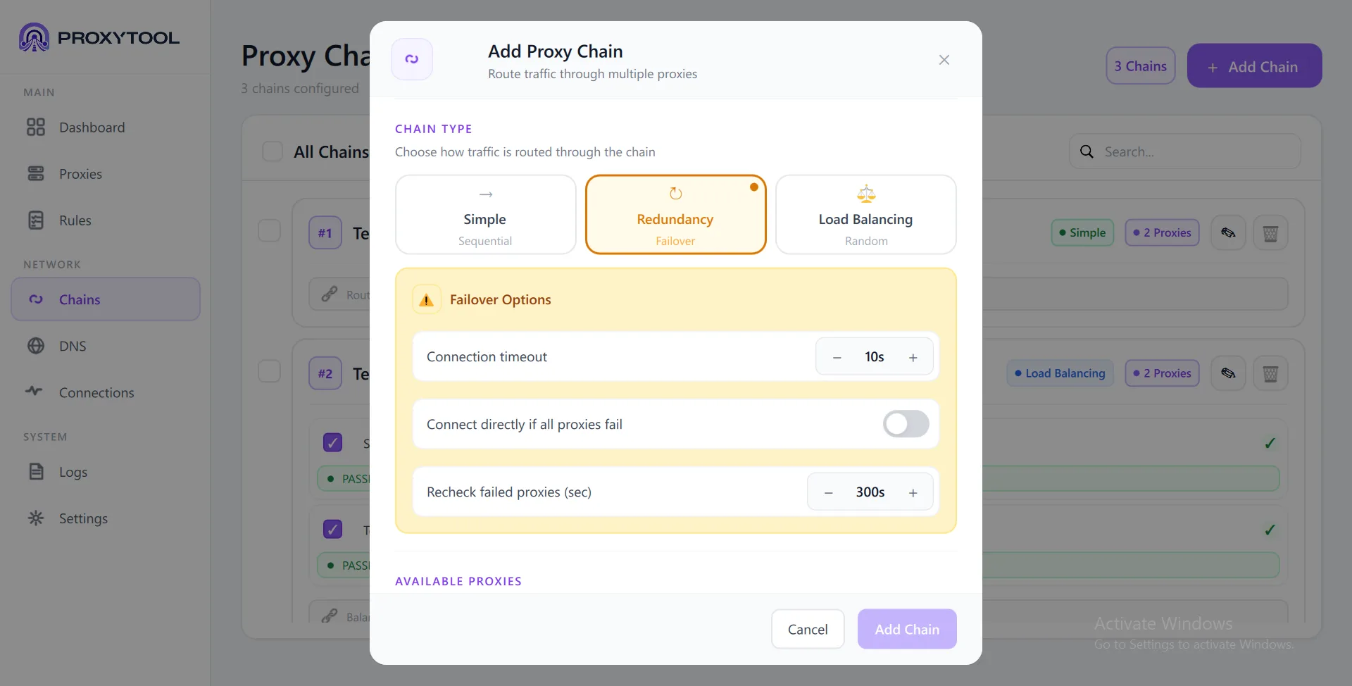 Redundancy chain — Failover Options: Connection timeout 10s, Connect directly toggle, Recheck timer 300s