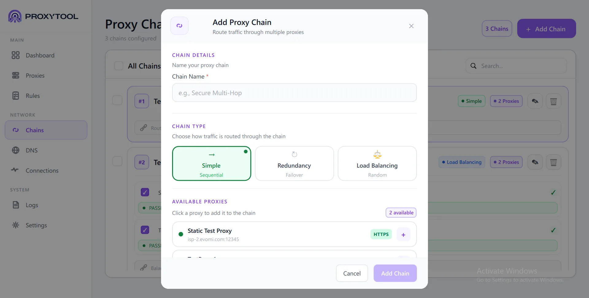 Add Proxy Chain — Chain Name, Chain Type selector (Simple/Redundancy/Load Balancing), Available Proxies
