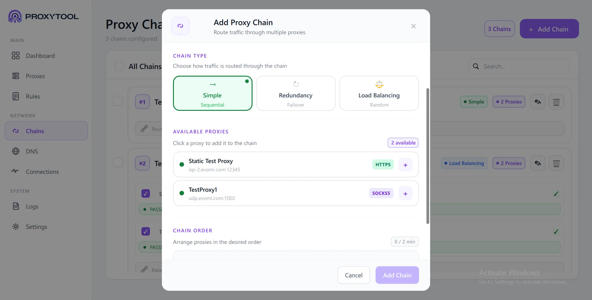 Simple chain — Sequential mode, Available Proxies with HTTPS and SOCKS5, Chain Order section
