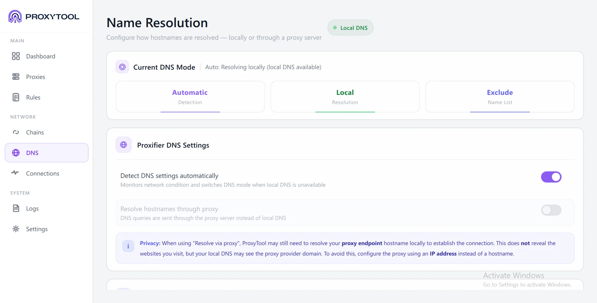 DNS overview — automatic detection with Local DNS badge