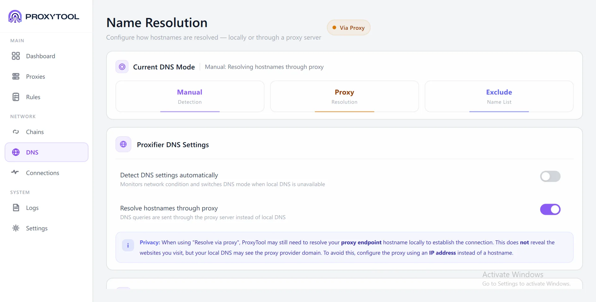 Resolve hostnames through proxy enabled — Via Proxy badge