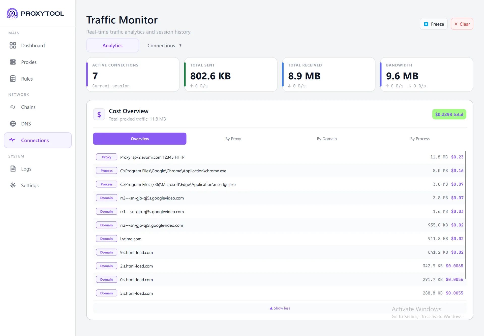 Cost Overview — combined view with proxy, domain, and process entries
