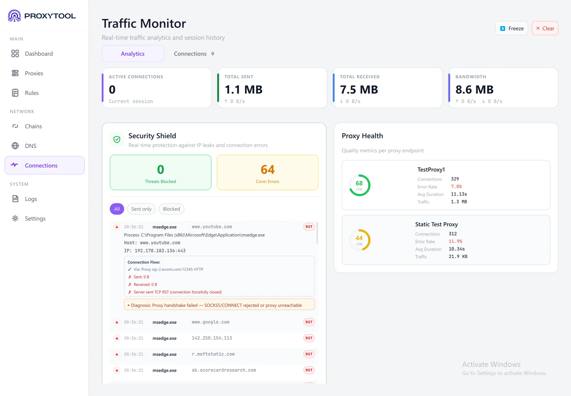 Security Shield expanded — connection flow, diagnosis, RST events