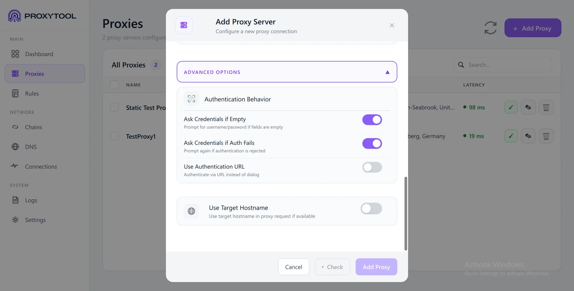 Advanced Options - Auth Behavior, Use Target Hostname