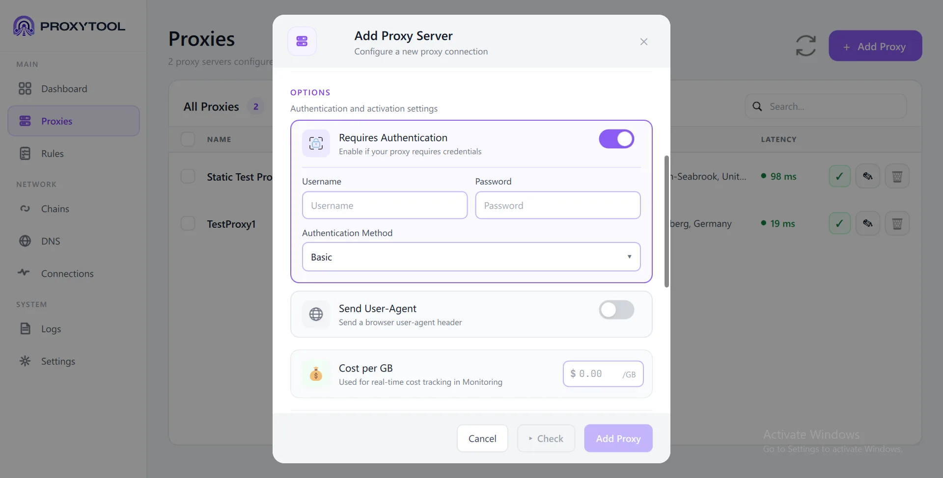 HTTPS auth activated - Username, Password, Auth Method, Send User-Agent