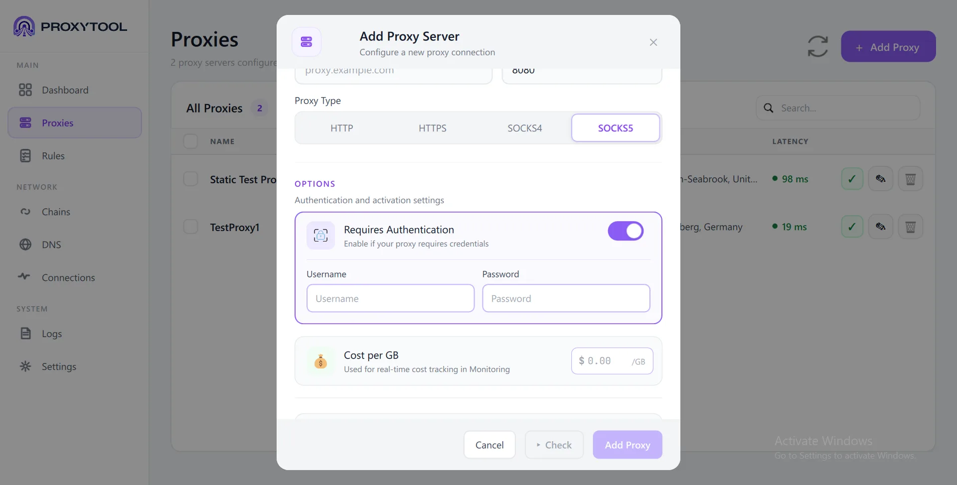 SOCKS5 auth activated - Username and Password fields