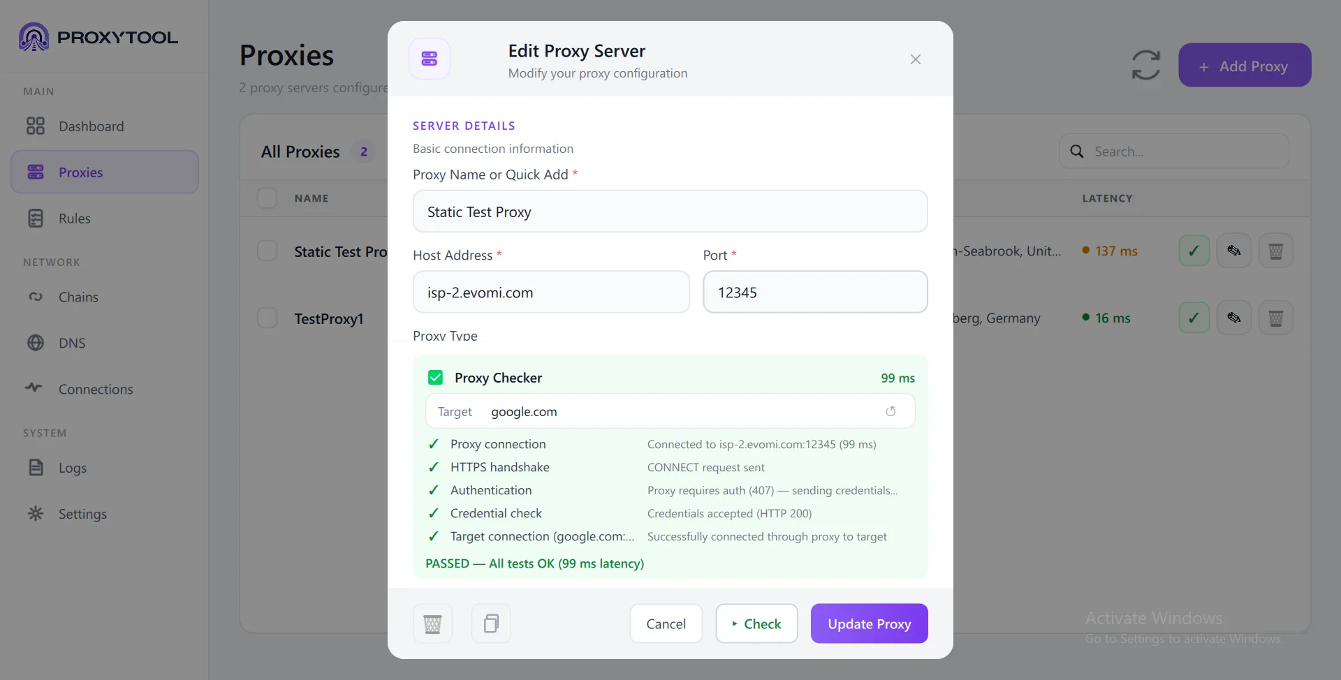 Proxy Checker — 5 steps passed: Proxy connection, HTTPS handshake, Authentication, Credential check, Target connection (99ms)