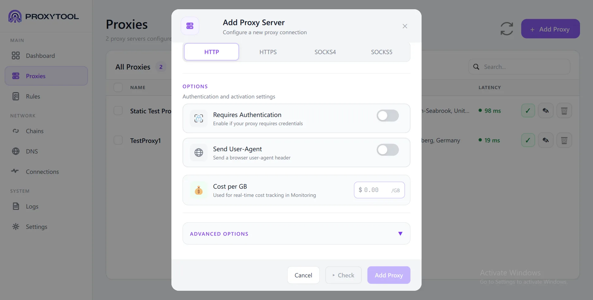 Add Proxy - HTTP options: Auth, User-Agent, Cost per GB