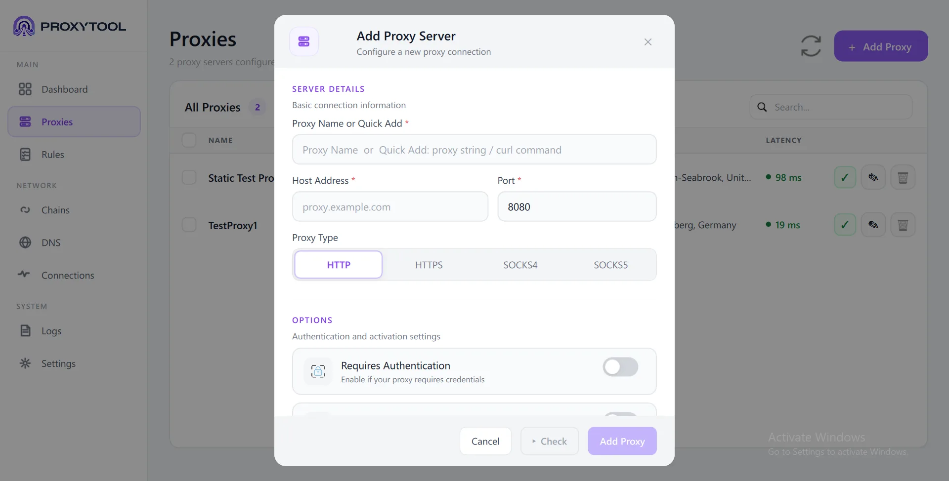 Add Proxy - Server Details with Name, Host, Port and Protocol selector