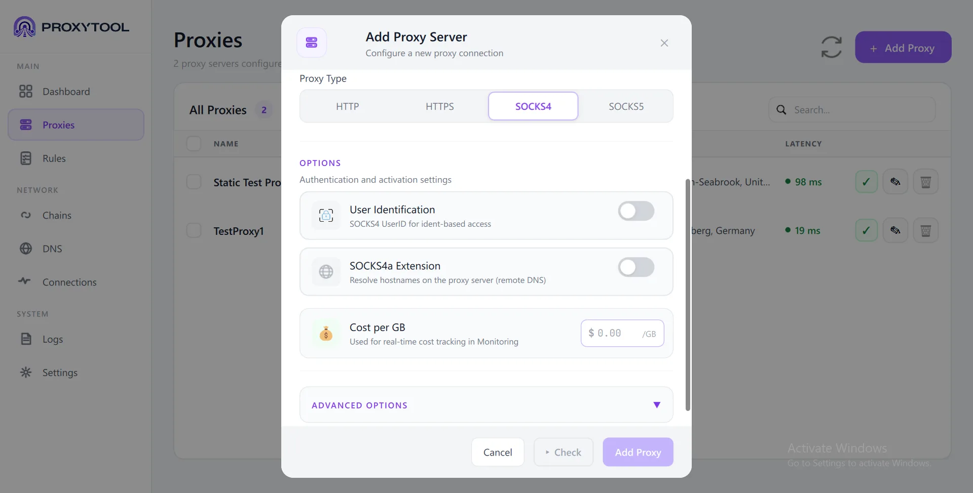 Add Proxy - SOCKS4 options: User Identification, SOCKS4a Extension
