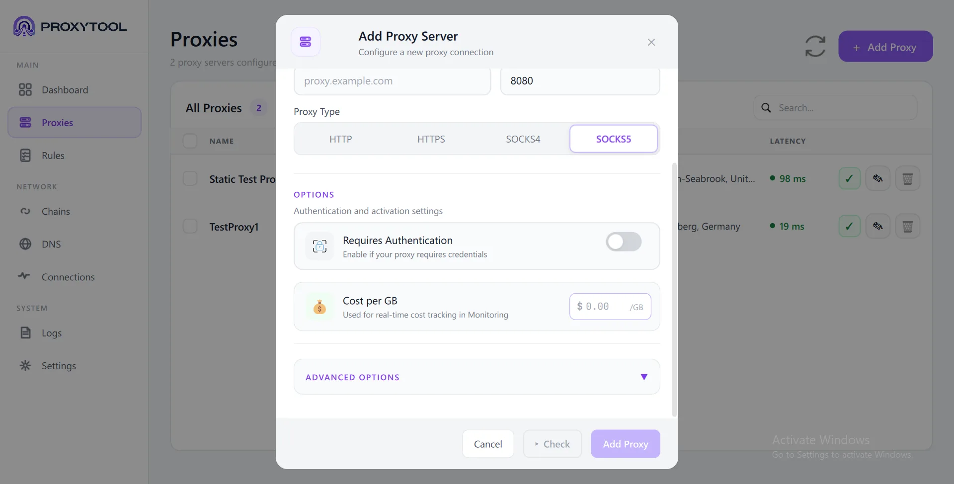 Add Proxy - SOCKS5 options: Auth, Cost per GB