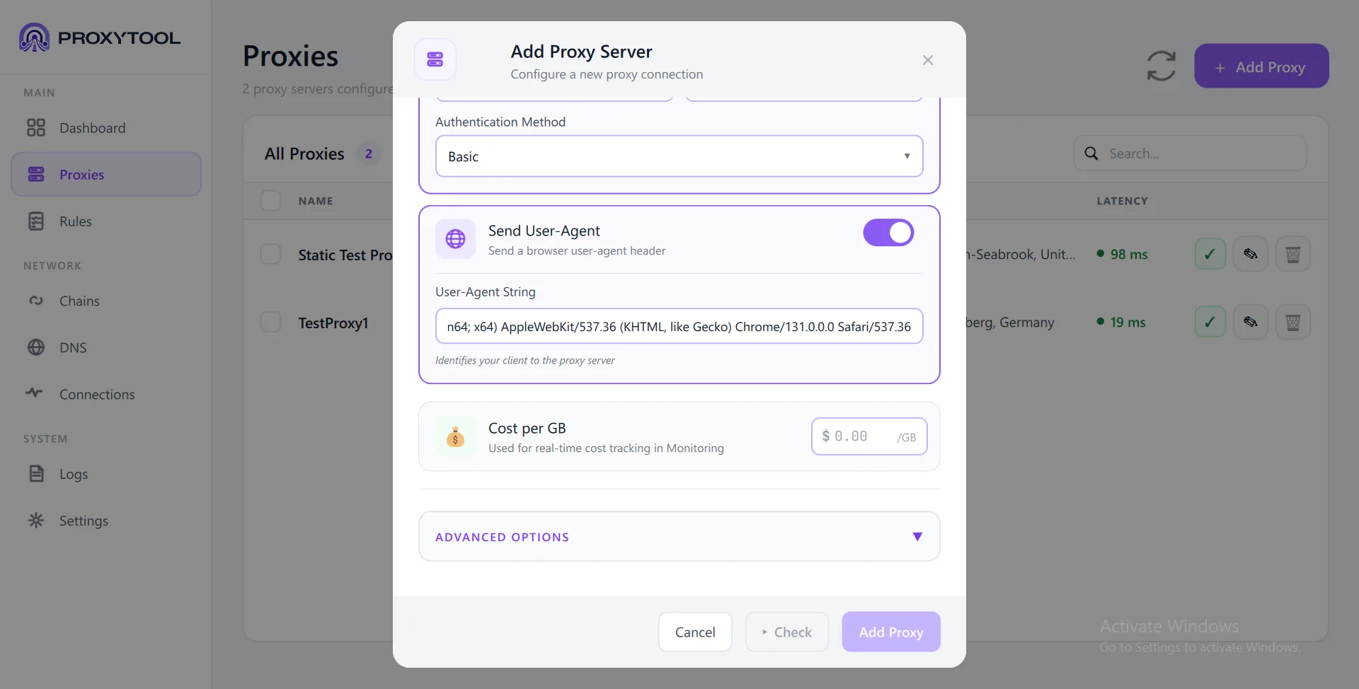 Send User-Agent enabled with custom User-Agent string field