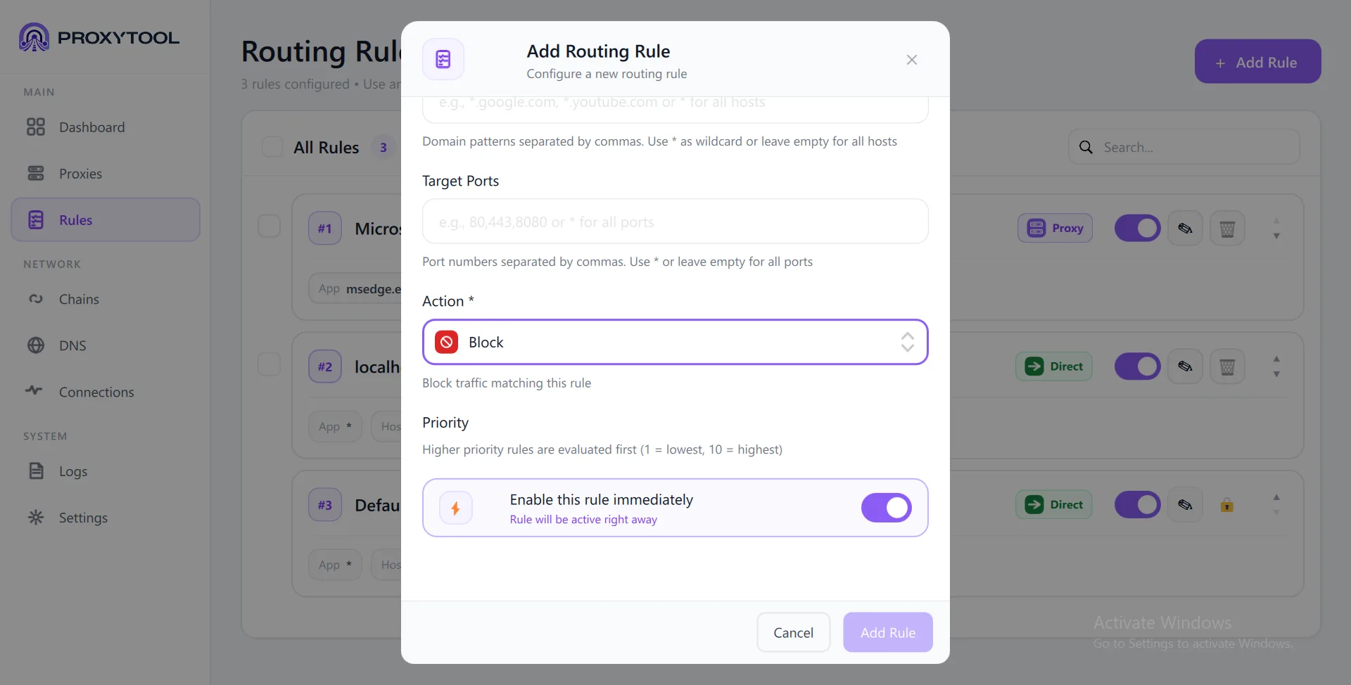 Action: Block — block all matching traffic, Priority, Enable toggle