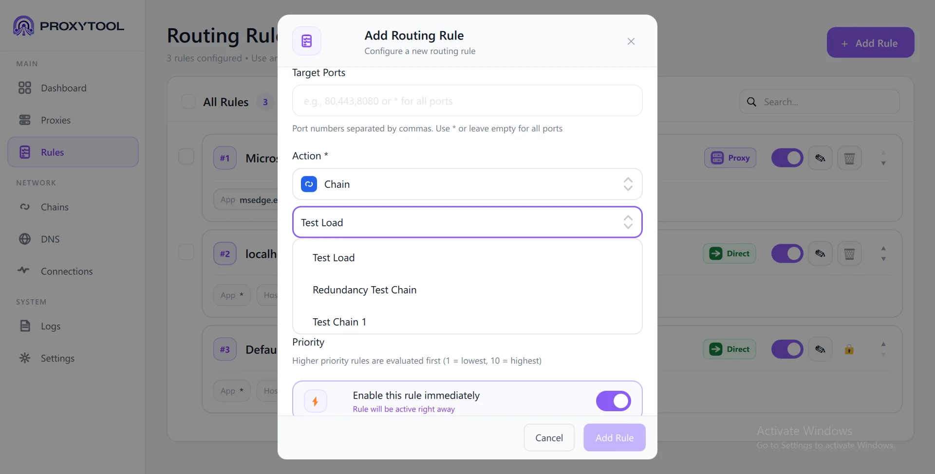 Action: Chain — chain selector with Load, Redundancy, and Test chains