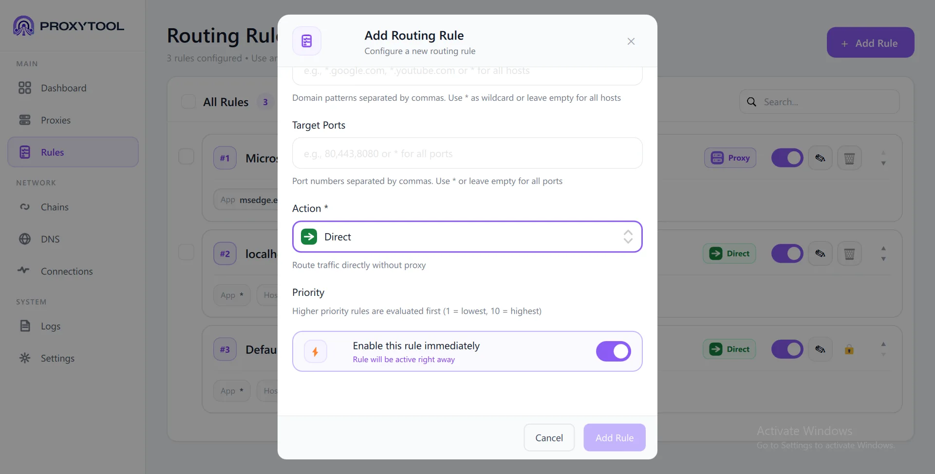 Action: Direct — route traffic without proxy, Priority, Enable toggle