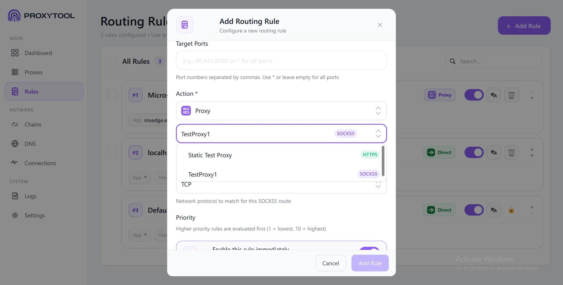 Action: Proxy — proxy selector with HTTPS and SOCKS5 servers, Protocol selector