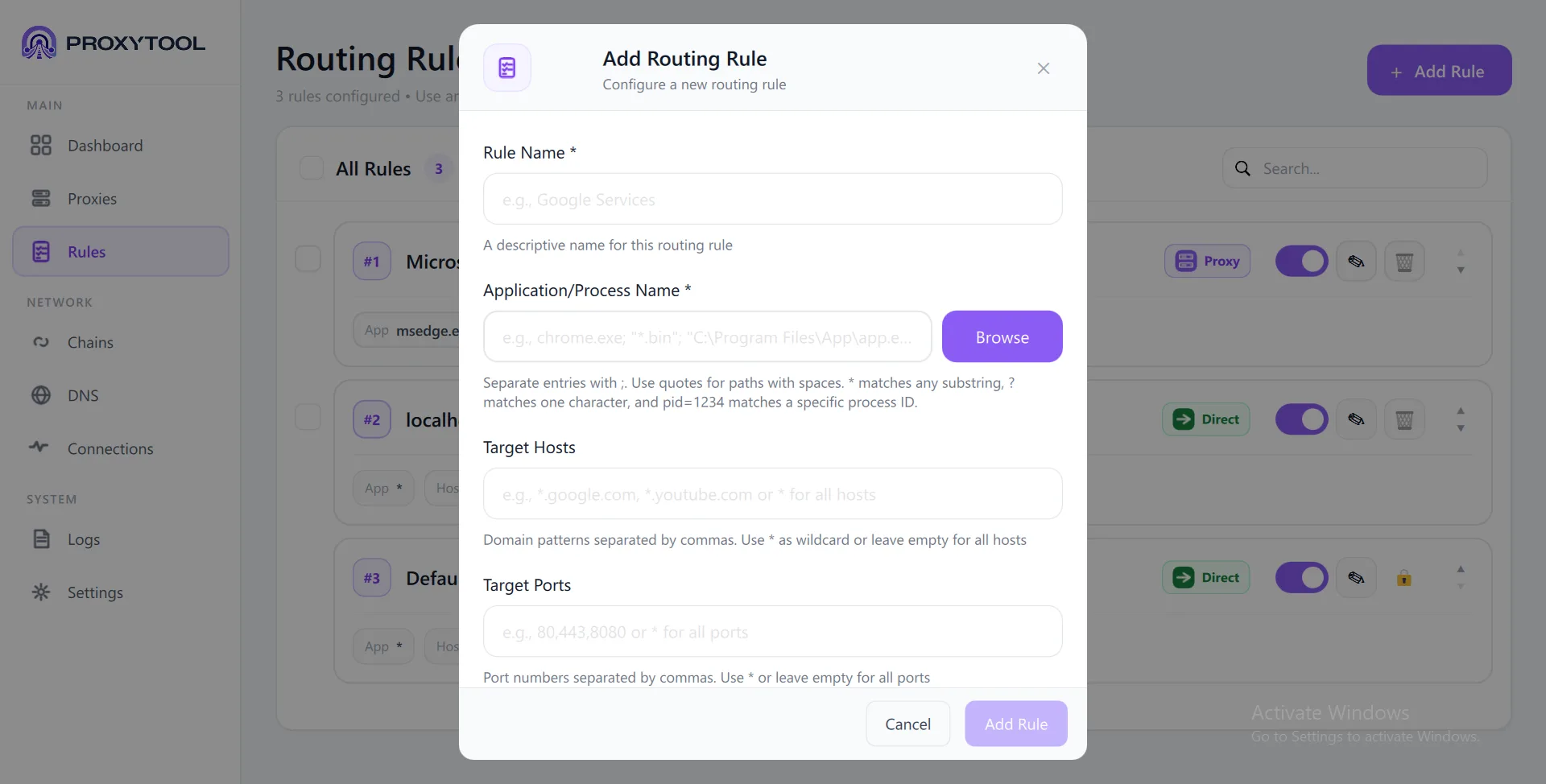 Add Routing Rule dialog — Rule Name, Application/Process Name, Target Hosts, Target Ports