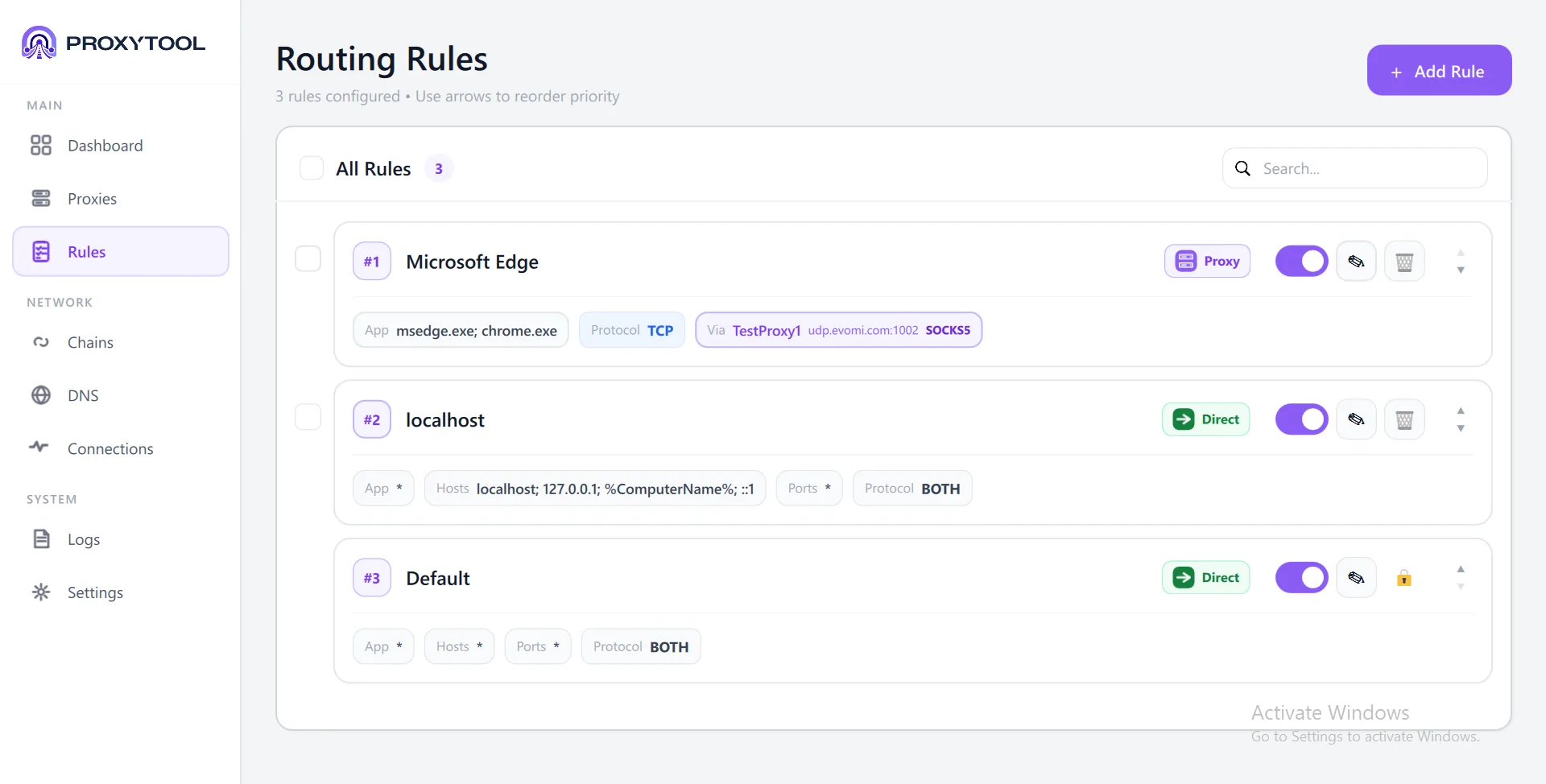 Routing Rules page with 3 configured rules: Microsoft Edge via Proxy, localhost Direct, Default Direct