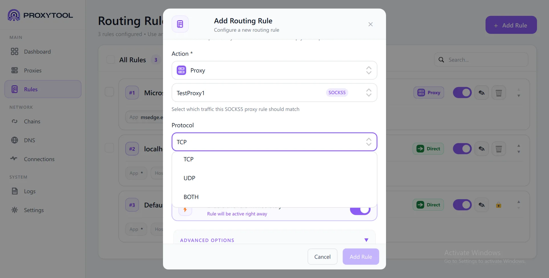 Protocol selector dropdown — TCP, UDP, BOTH