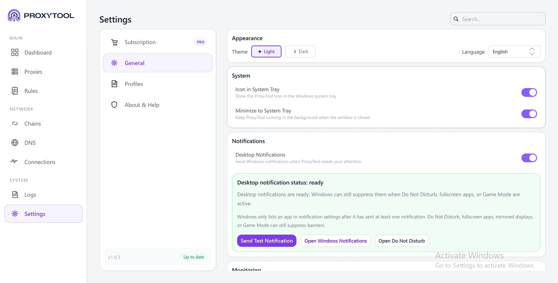 General — Appearance, system tray, and notifications