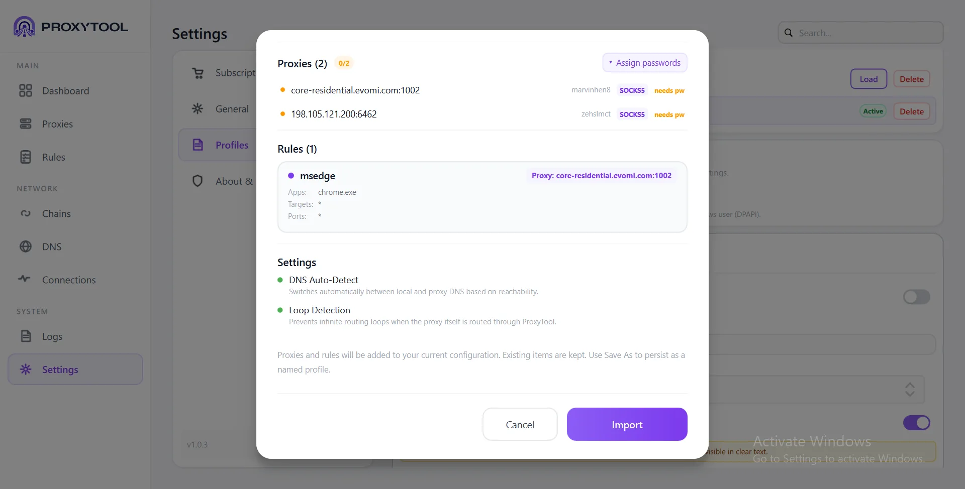 Final review — confirm import with Cancel or Import