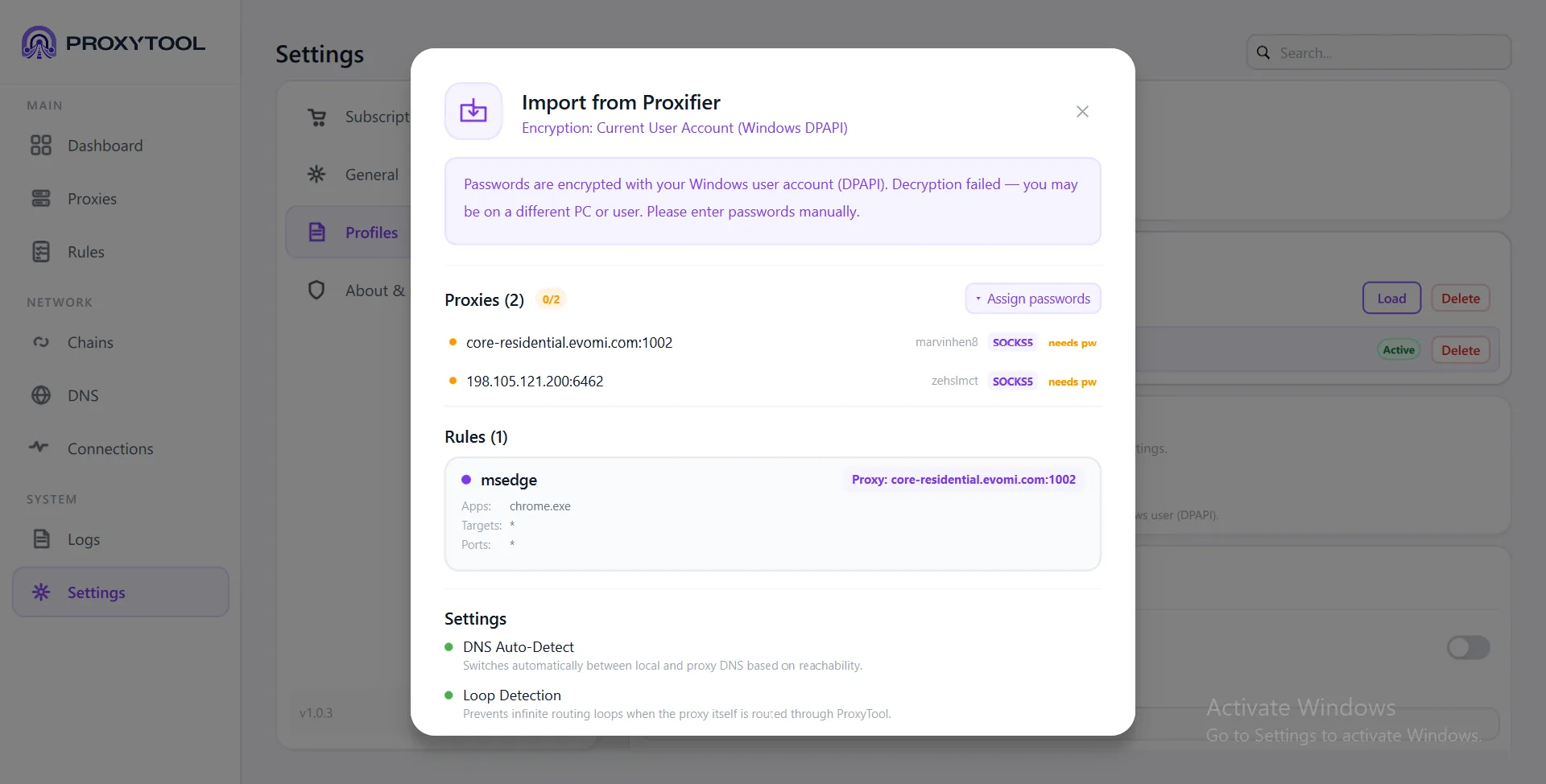 Import preview — proxies, rules, and settings detected in the Proxifier profile