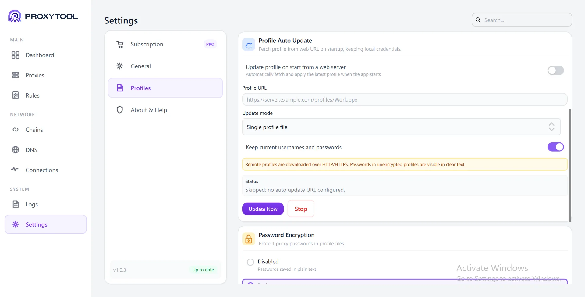 Profiles — Auto Update configuration and encryption settings