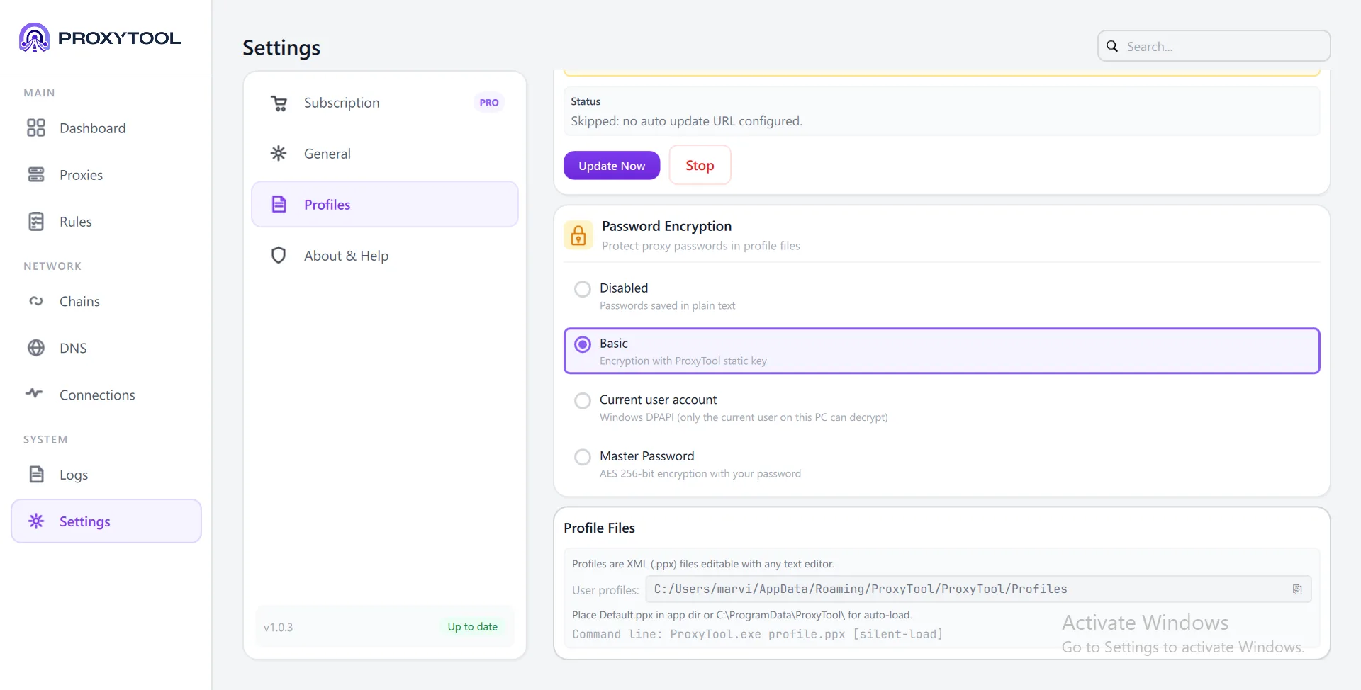 Profiles — Encryption modes and profile file locations
