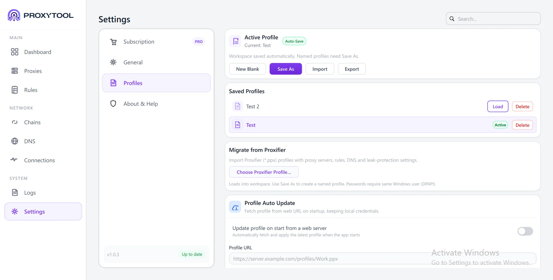 Profiles — Active profile, saved profiles, and migration tools