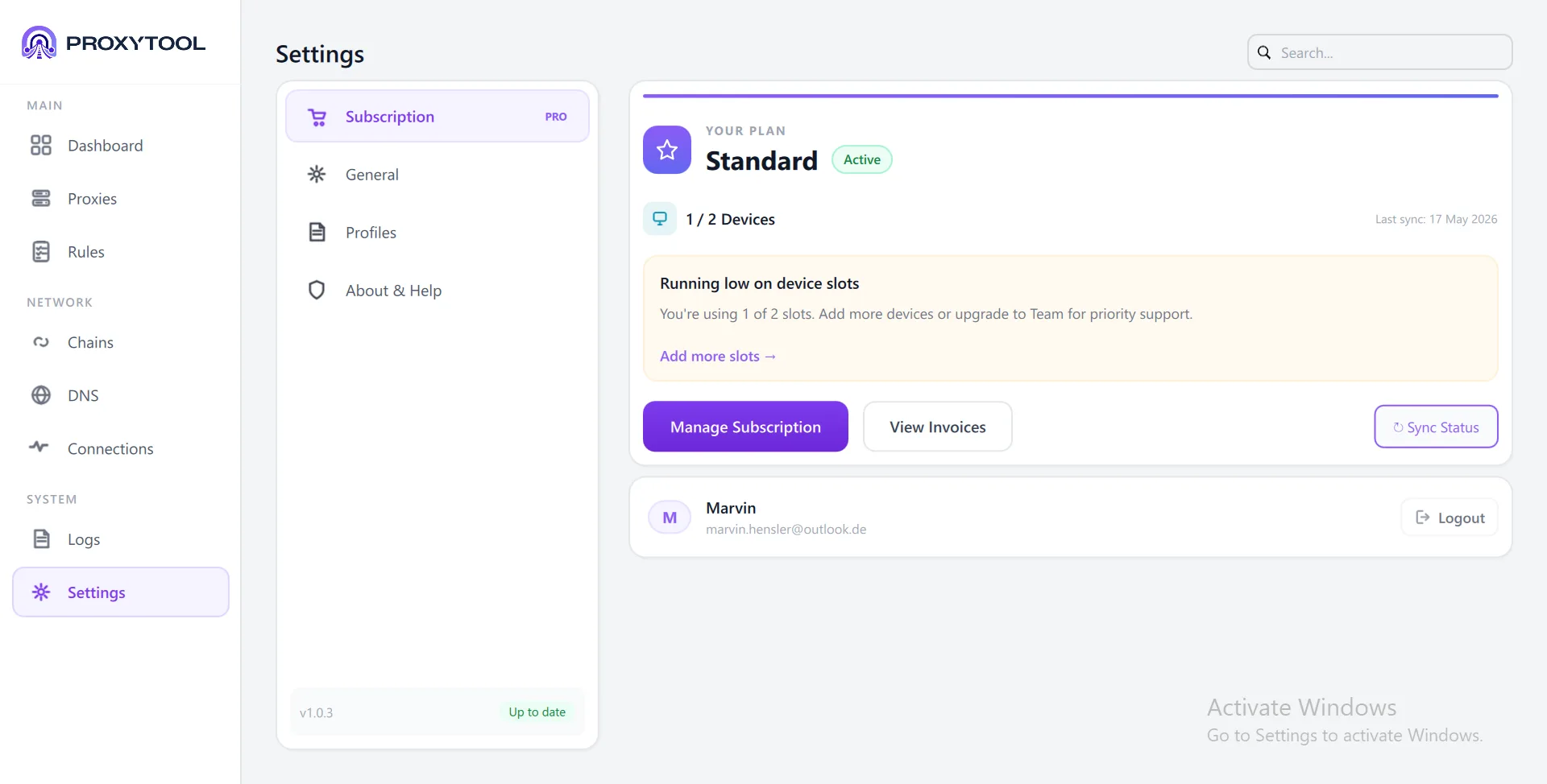 Subscription — Plan, devices, and account management