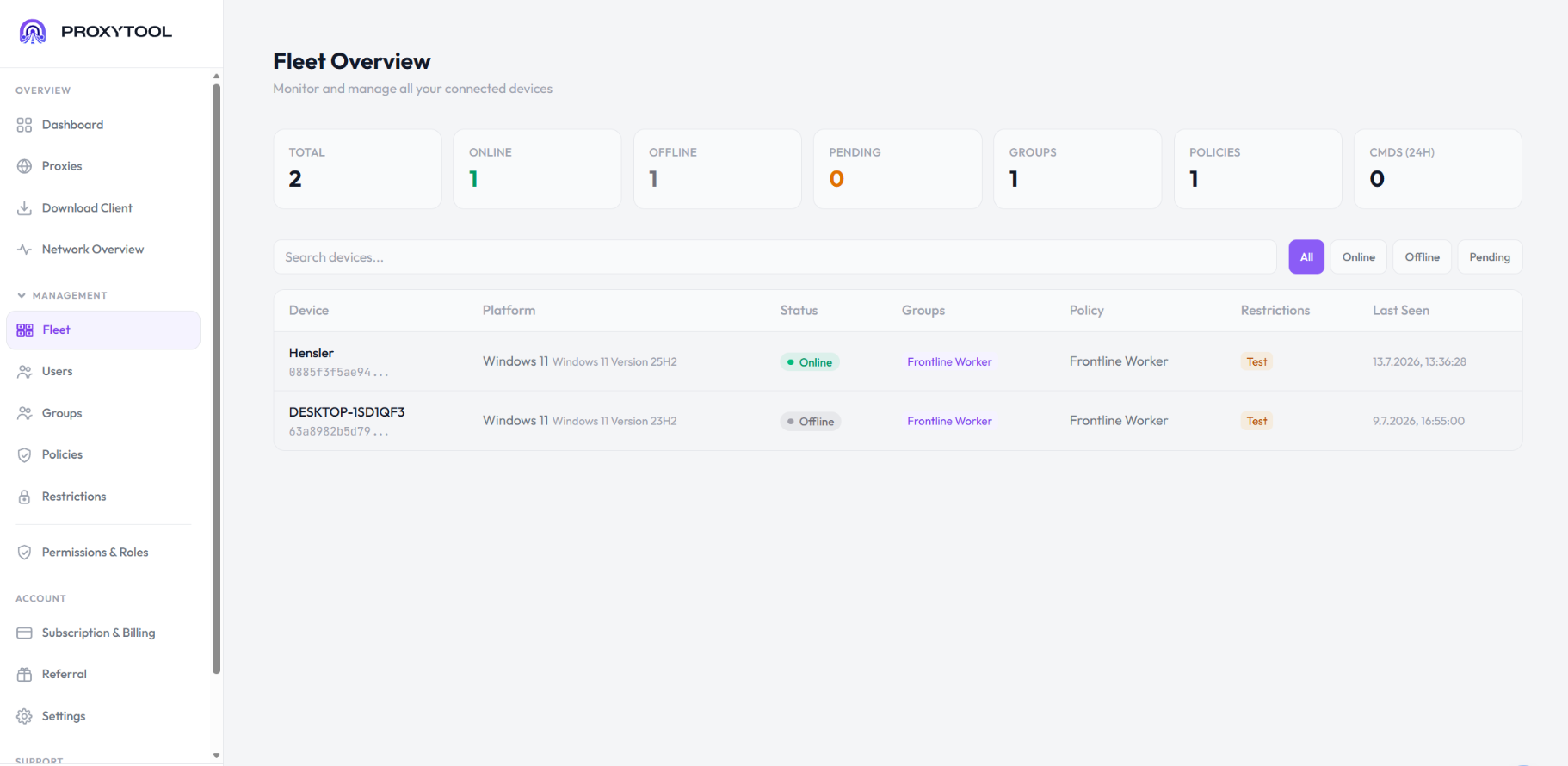ProxyTool team dashboard showing every machine, proxy and rule in one fleet overview