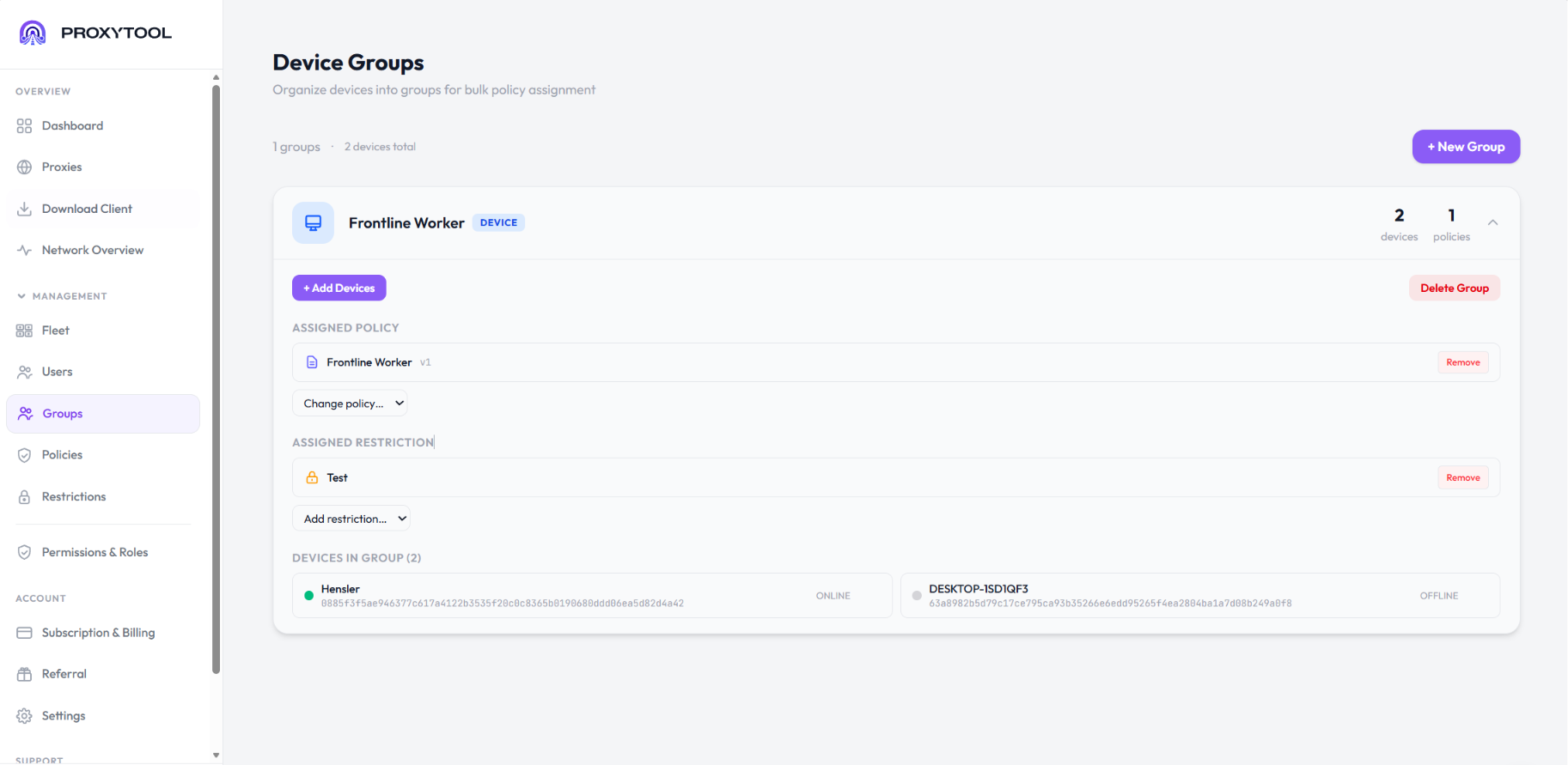 ProxyTool group management view organizing devices and proxies into teams and projects
