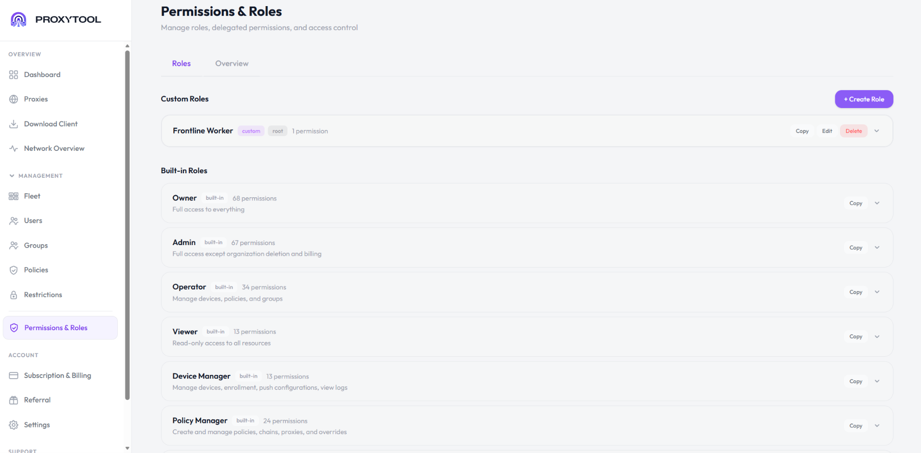ProxyTool role and permission assignment screen for admin, operator and viewer roles