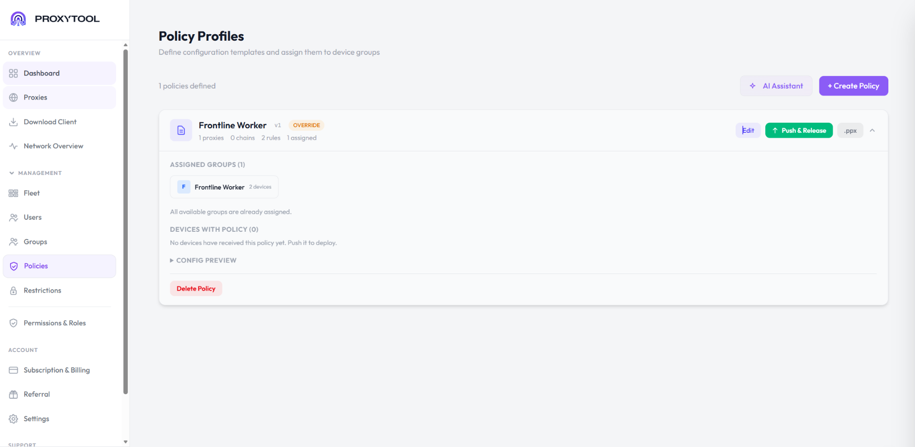 ProxyTool remote configuration push distributing settings from the dashboard to every device